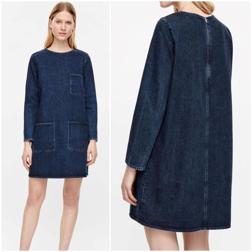 COS Denim Dress Boxy Utility Patch Pockets size 2 Minimalist Casual Mod